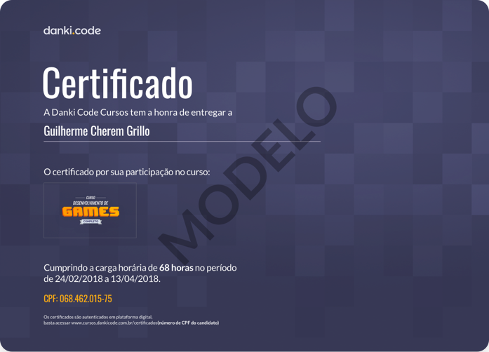 Certificado do Curso Desenvolvimento de Games Completo